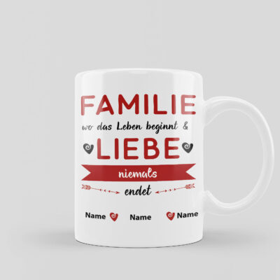 Tasse Familie wo das Leben beginnt und Liebe niemals endet